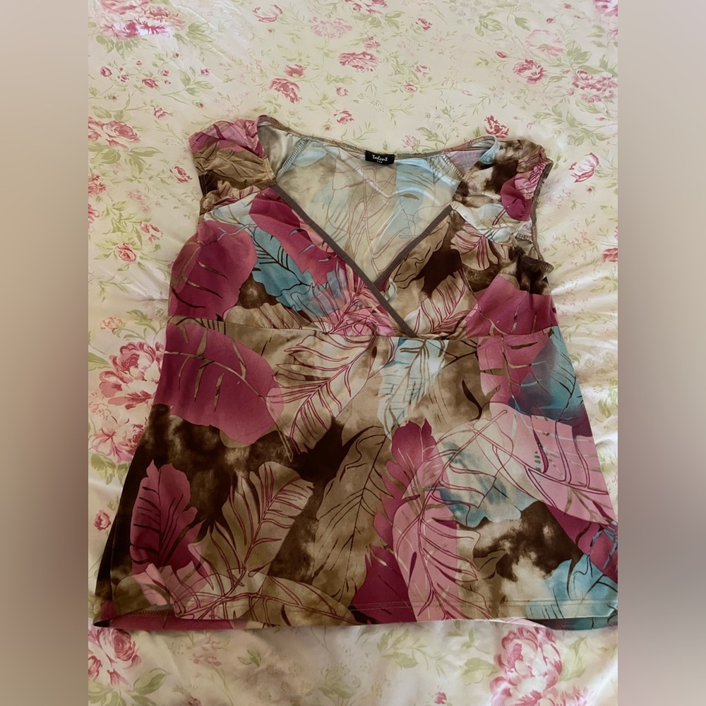 Tropical Leaf Print V-Neck Blouse